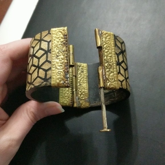 Brown and Gold Cubist Design Hinged Pin Cuff Statement Bracelet - India - Picture 5 of 5